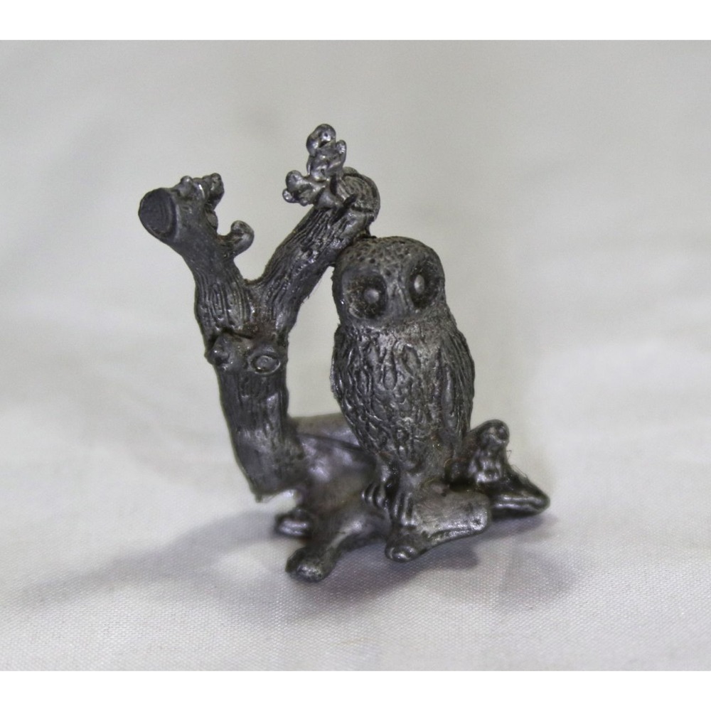 Vintage Pewter Owl on Tree Branch Miniature Figurine Silver Tone Metal 1.375 in
